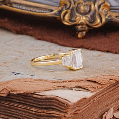 Emerald Cut Baguette Side Stones Moissanite Engagement  Ring