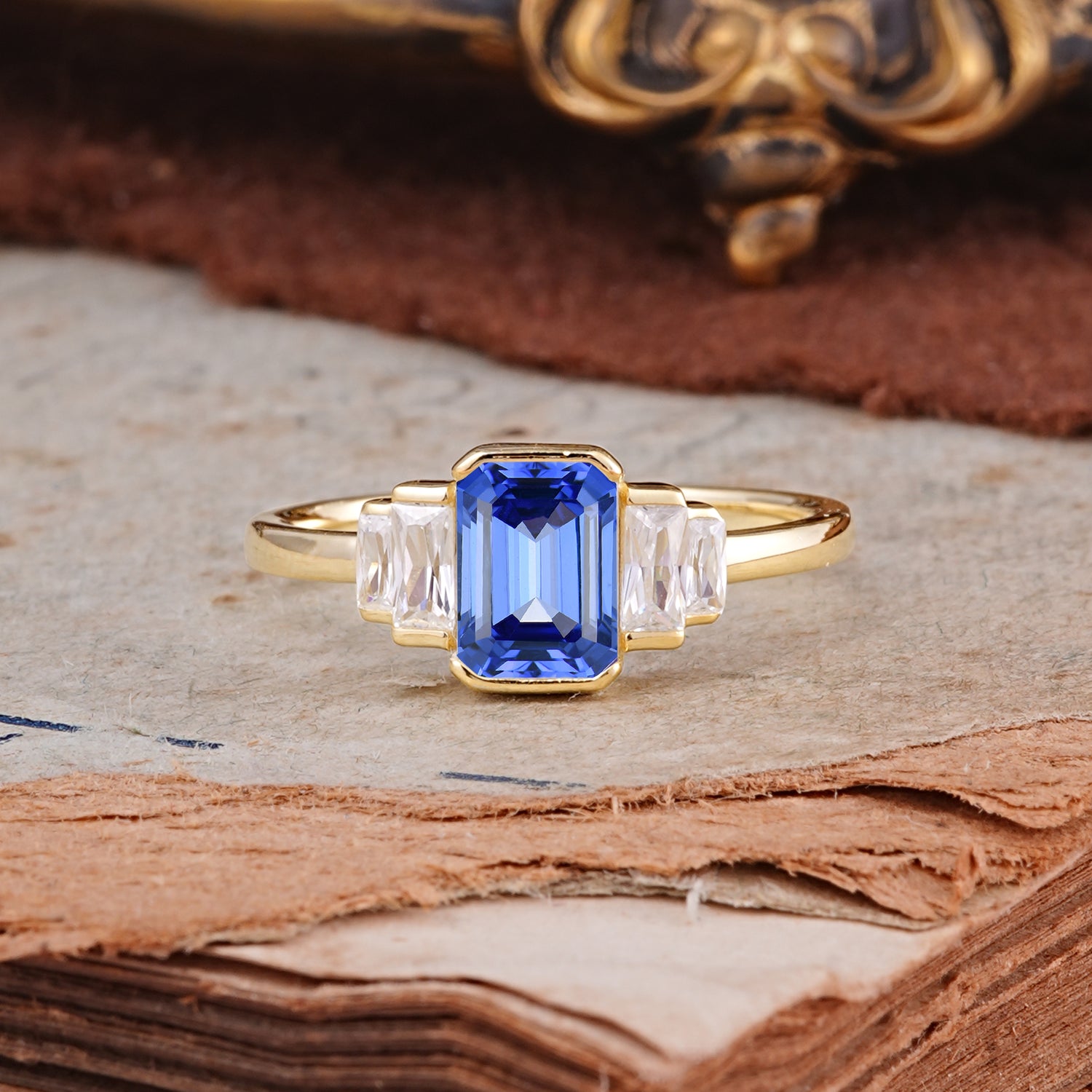 Emerald Cut Baguette Side Stones Sapphire Engagement Ring