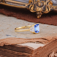 Emerald Cut Baguette Side Stones Sapphire Engagement Ring