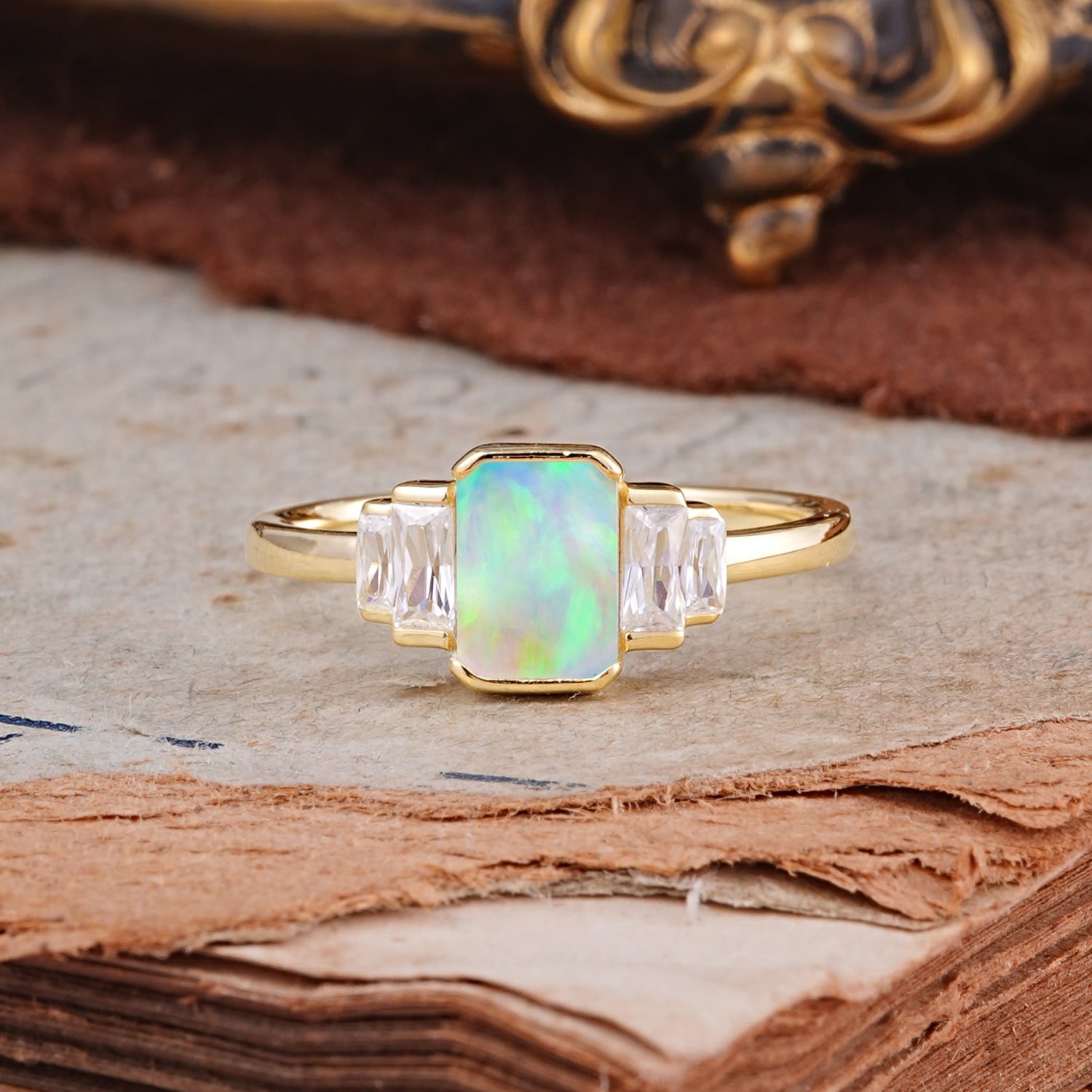 Emerald Cut Baguette Side Stones Opal Engagement  Ring
