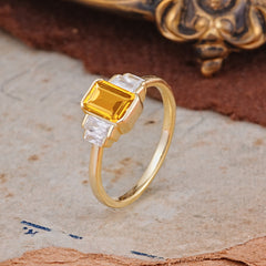 Emerald Cut Baguette Side Stones Citrine Engagement Ring