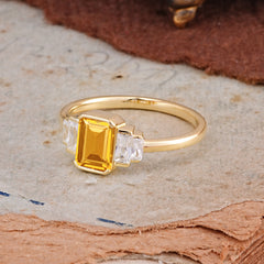 Emerald Cut Baguette Side Stones Citrine Engagement Ring