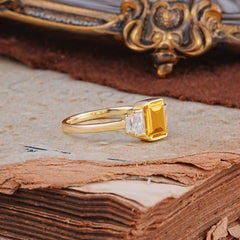 Emerald Cut Baguette Side Stones Citrine Engagement Ring