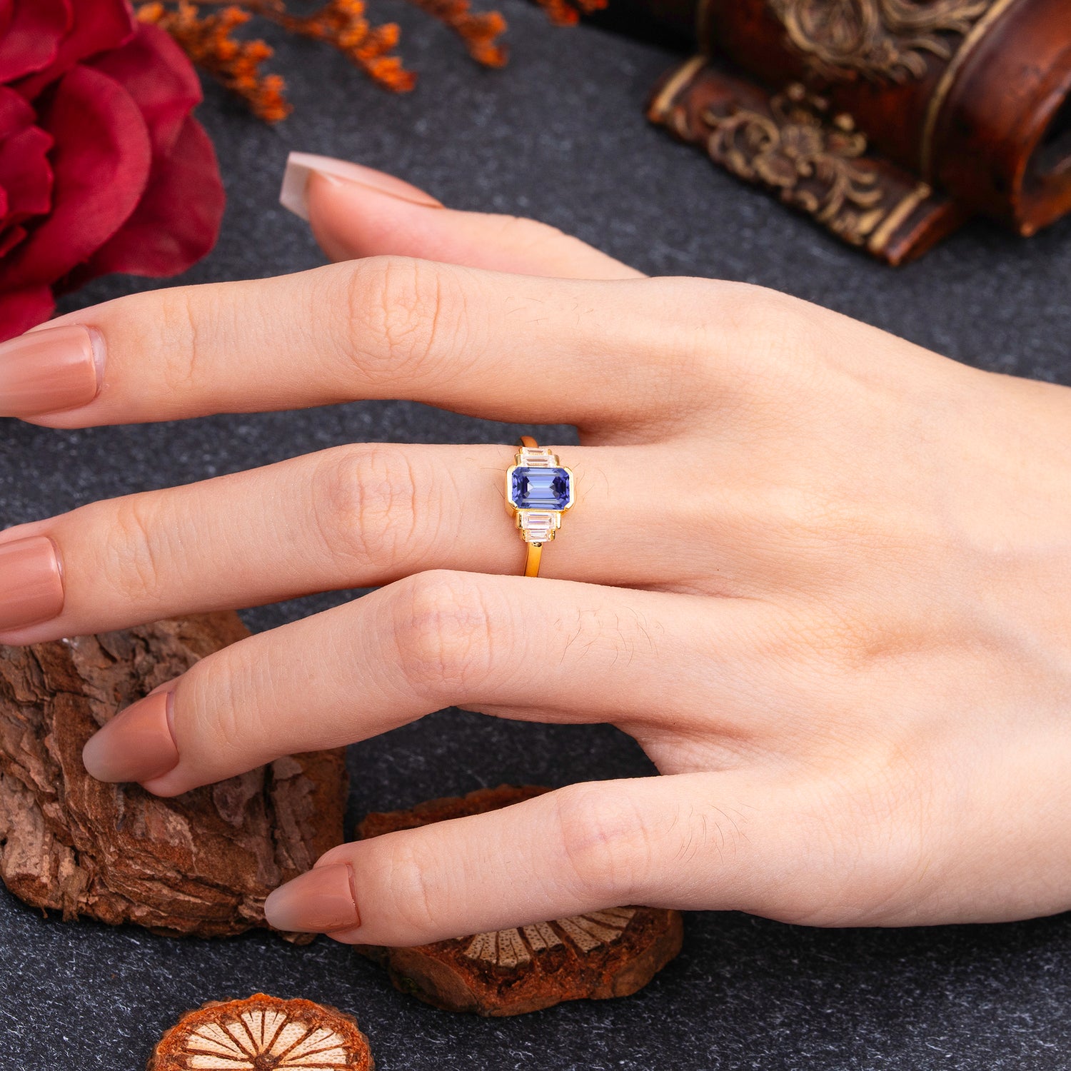 Emerald Cut Baguette Side Stones Tanzanite Engagement Ring