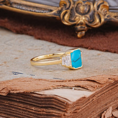 Emerald Cut Baguette Side Stones Turquoise Engagement Ring