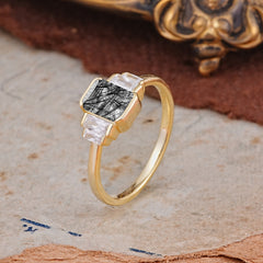 Emerald Cut Baguette Side Stones Black Rutilated Quartz Engagement Ring
