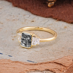 Emerald Cut Baguette Side Stones Black Rutilated Quartz Engagement Ring