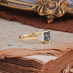 Emerald Cut Baguette Side Stones Black Rutilated Quartz Engagement Ring