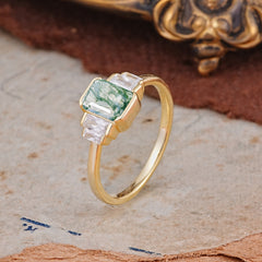 Emerald Cut Baguette Side Stones Moss Agate Engagement Ring