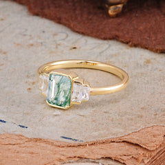 Emerald Cut Baguette Side Stones Moss Agate Engagement Ring
