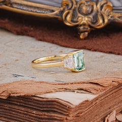 Emerald Cut Baguette Side Stones Moss Agate Engagement Ring