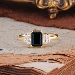 Emerald Cut Baguette Side Stones Black Onyx Engagement Ring