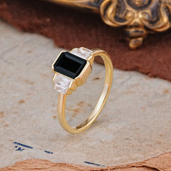 Emerald Cut Baguette Side Stones Black Onyx Engagement Ring