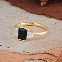 Emerald Cut Baguette Side Stones Black Onyx Engagement Ring