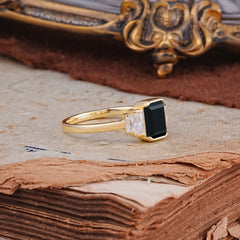 Emerald Cut Baguette Side Stones Black Onyx Engagement Ring