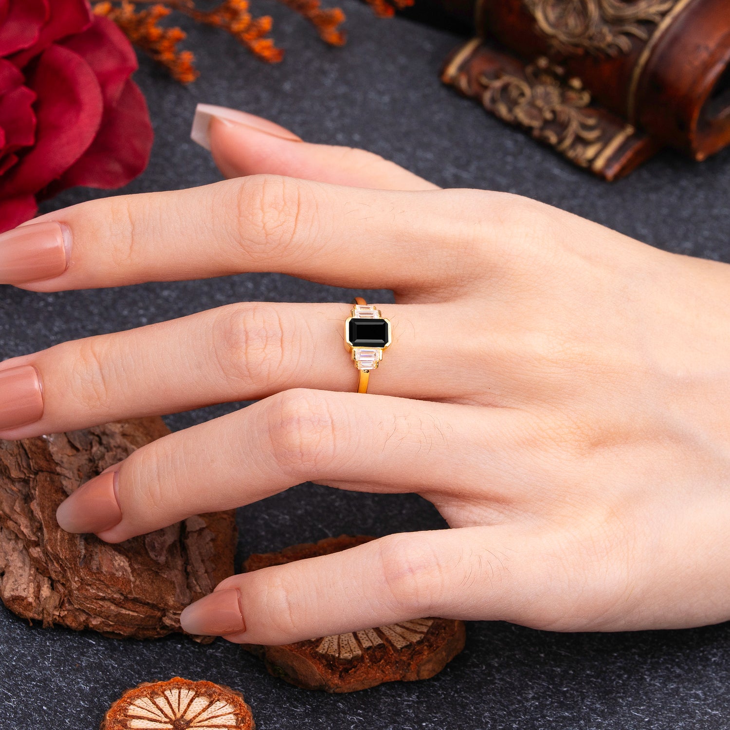 Emerald Cut Baguette Side Stones Black Onyx Engagement Ring