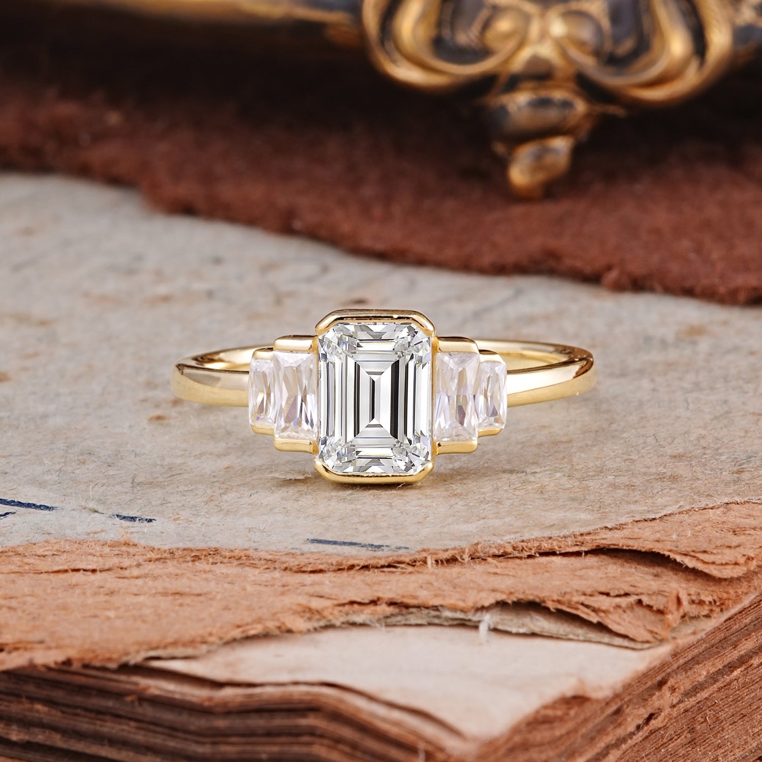 Emerald Cut Baguette Side Stones Lab Diamond Engagement Ring
