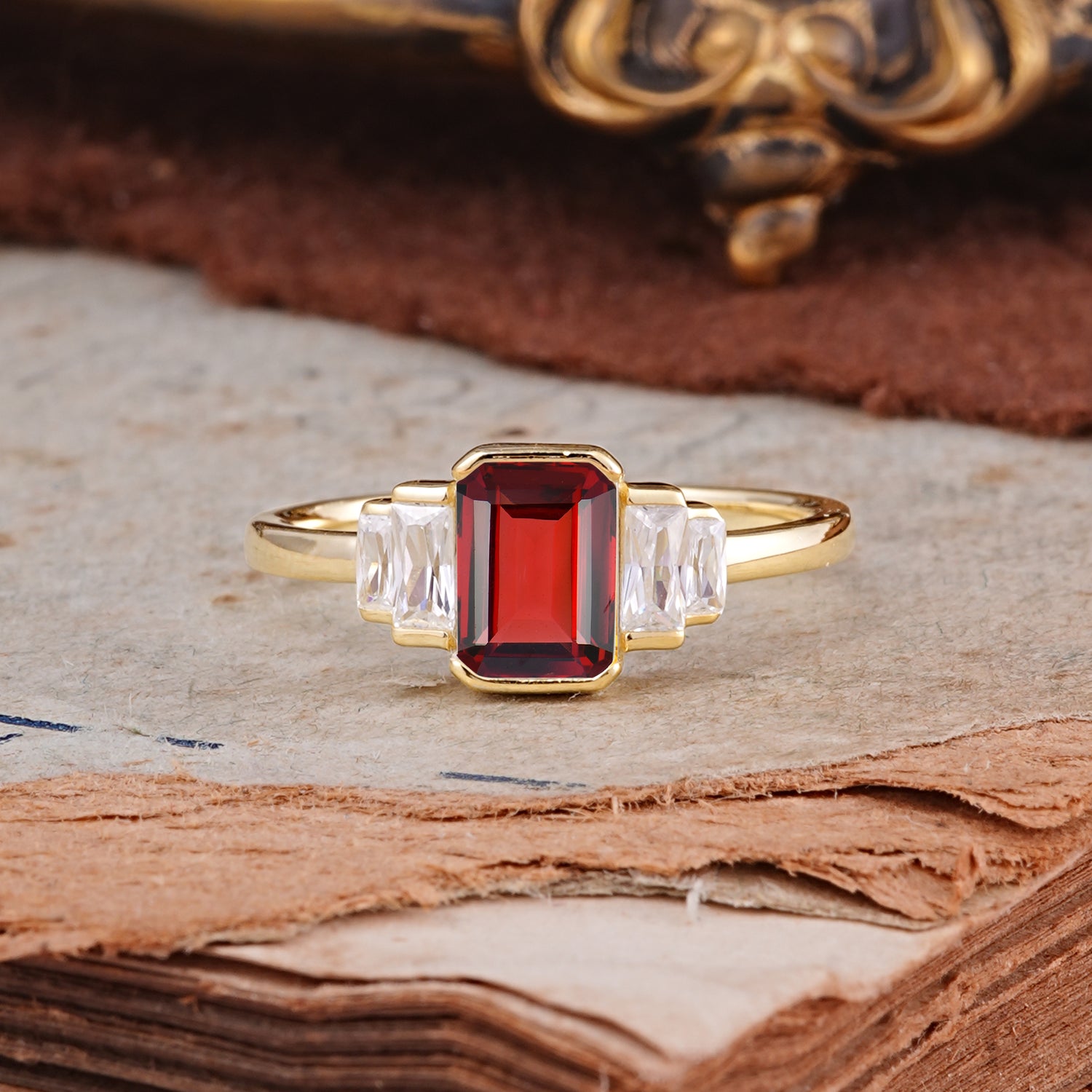 Emerald Cut Baguette Side Stones Garnet Engagement  Ring