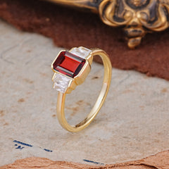 Emerald Cut Baguette Side Stones Garnet Engagement  Ring