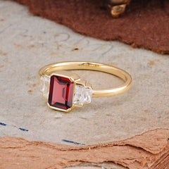 Emerald Cut Baguette Side Stones Garnet Engagement  Ring