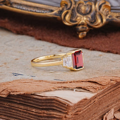 Emerald Cut Baguette Side Stones Garnet Engagement  Ring