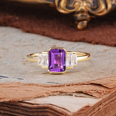 Emerald Cut Baguette Side Stones Amethyst Engagement Ring