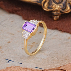 Emerald Cut Baguette Side Stones Amethyst Engagement Ring