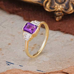 Emerald Cut Baguette Side Stones Amethyst Engagement Ring
