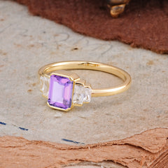 Emerald Cut Baguette Side Stones Amethyst Engagement Ring