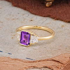 Emerald Cut Baguette Side Stones Amethyst Engagement Ring