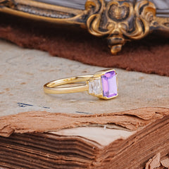 Emerald Cut Baguette Side Stones Amethyst Engagement Ring