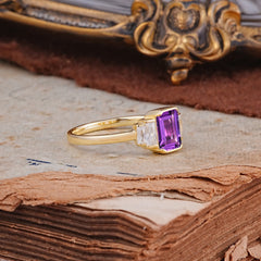 Emerald Cut Baguette Side Stones Amethyst Engagement Ring