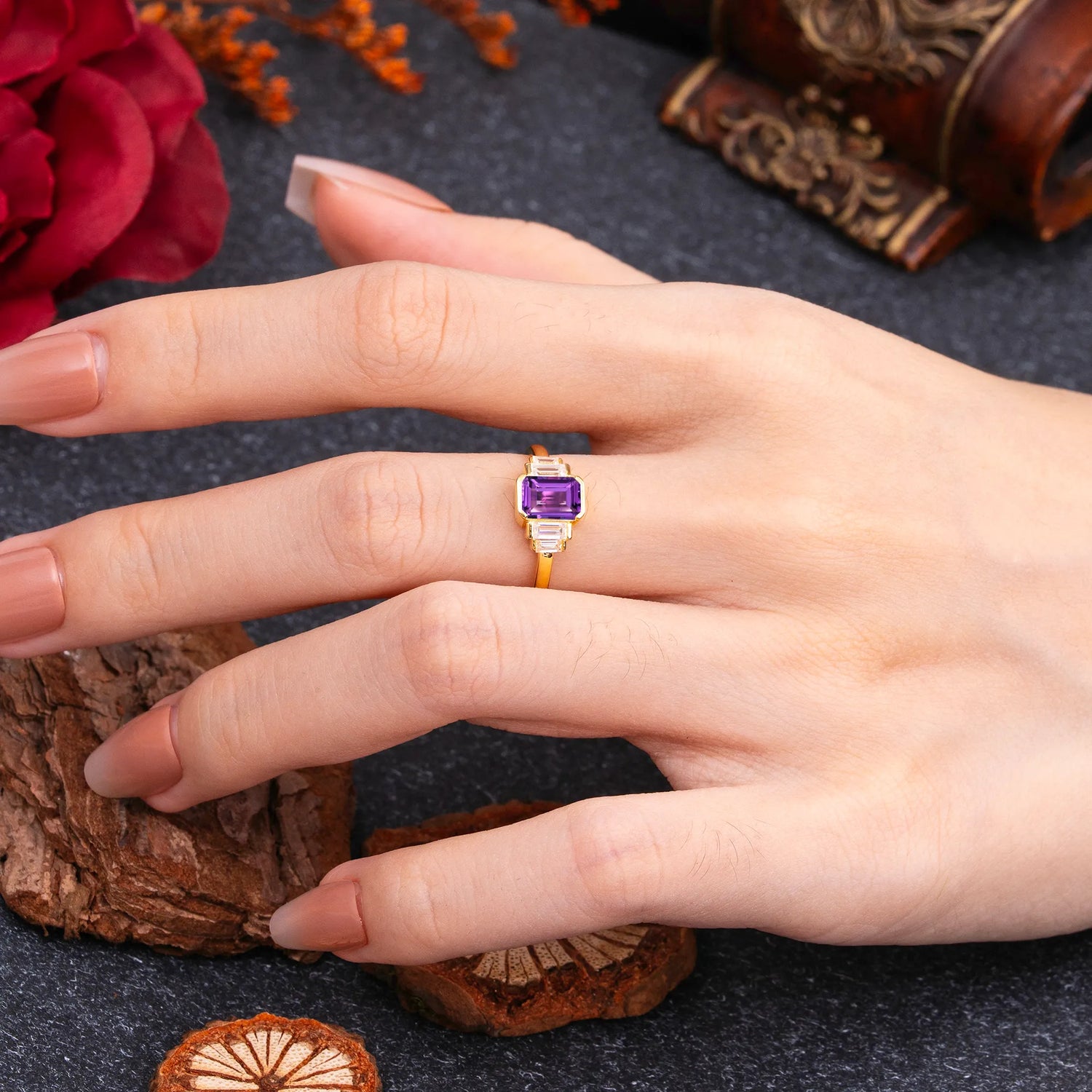 Emerald Cut Baguette Side Stones Amethyst Engagement Ring