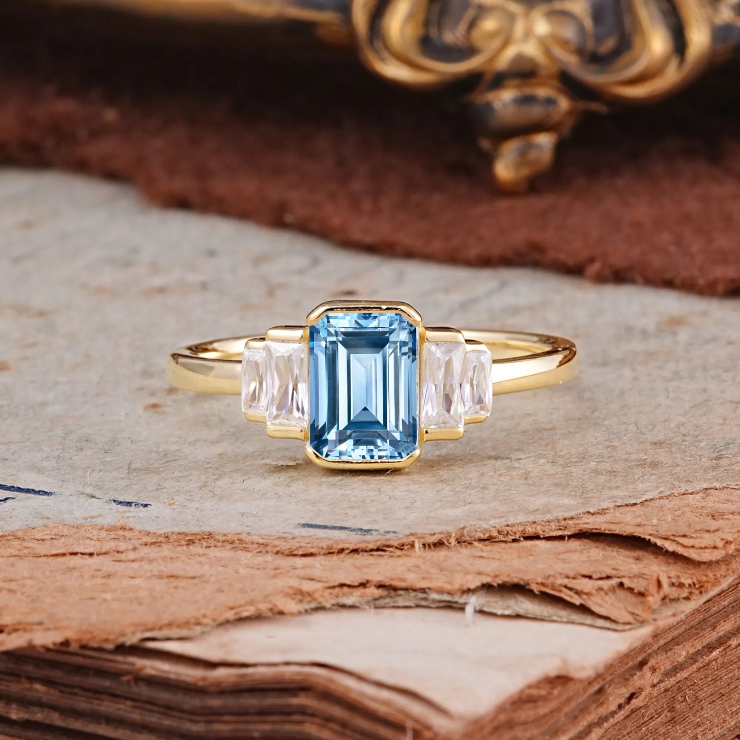 Emerald Cut Baguette Side Stones Aquamarine Engagement Ring