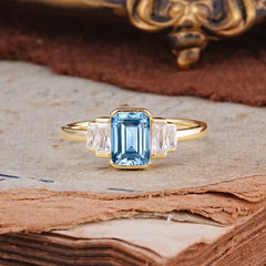 Emerald Cut Baguette Side Stones Aquamarine Engagement Ring