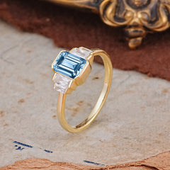 Emerald Cut Baguette Side Stones Aquamarine Engagement Ring
