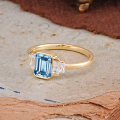 Emerald Cut Baguette Side Stones Aquamarine Engagement Ring