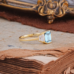 Emerald Cut Baguette Side Stones Aquamarine Engagement Ring