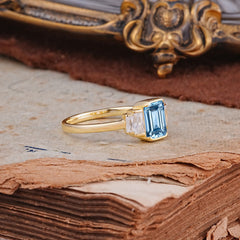 Emerald Cut Baguette Side Stones Aquamarine Engagement Ring