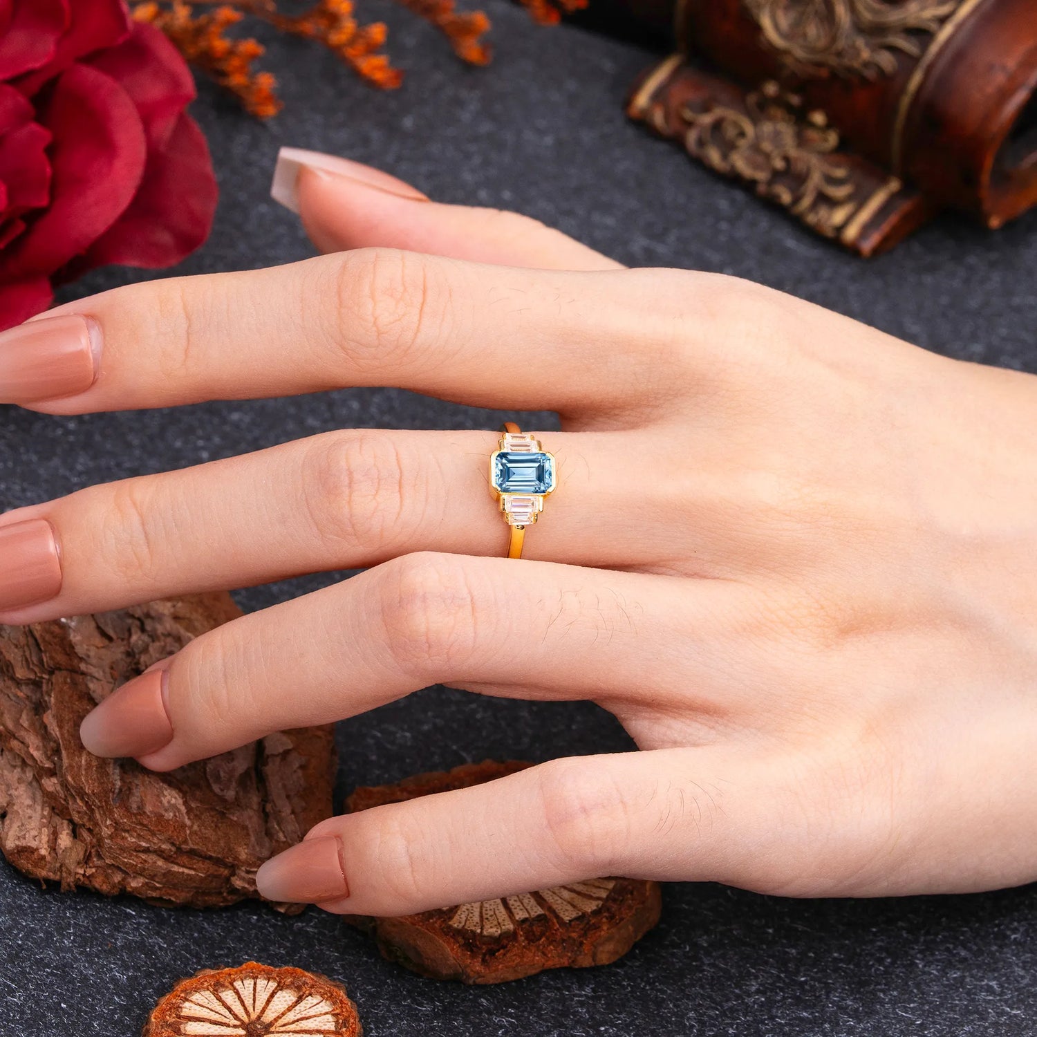 Emerald Cut Baguette Side Stones Aquamarine Engagement Ring