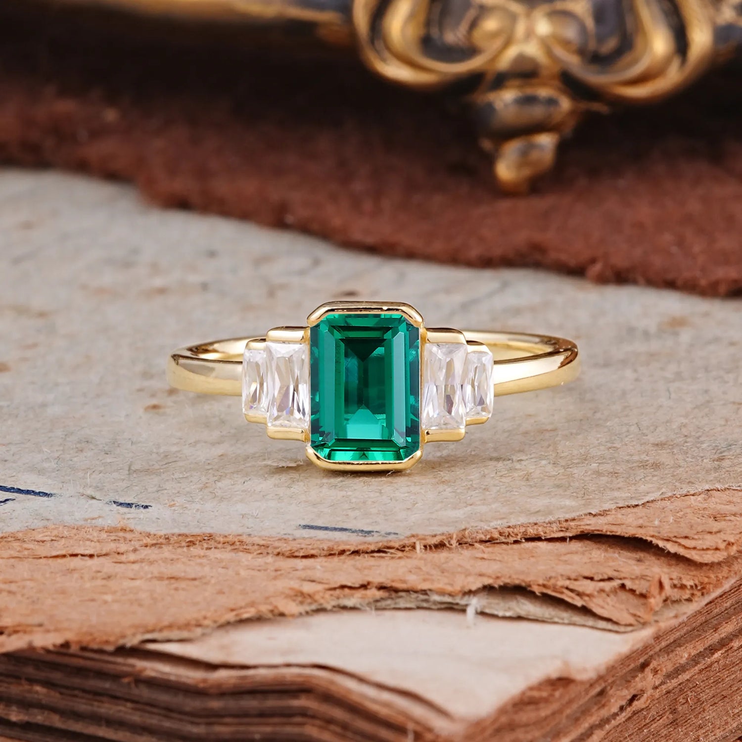 Emerald Cut Baguette Side Stones Emerald Engagement Ring