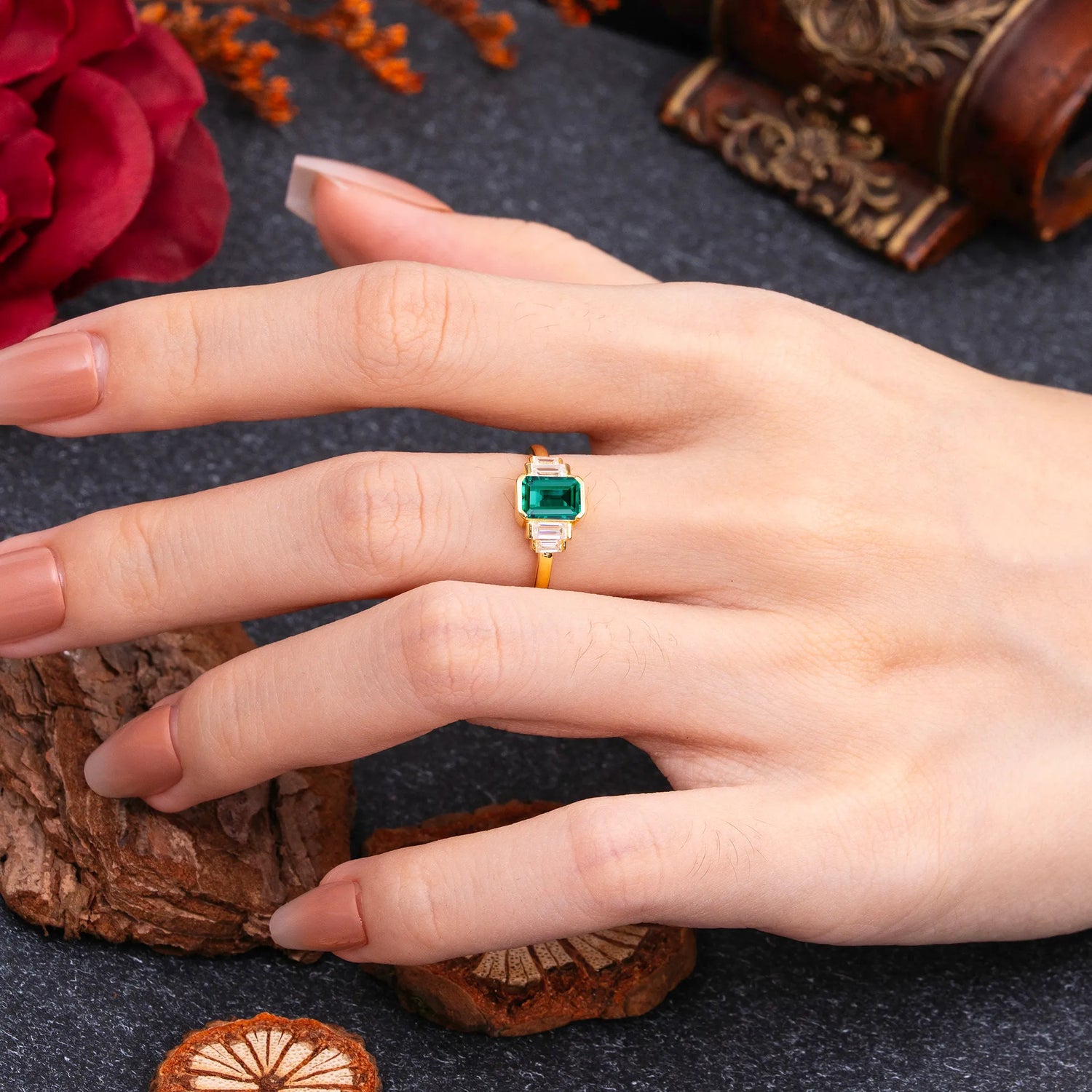 Emerald Cut Baguette Side Stones Emerald Engagement Ring