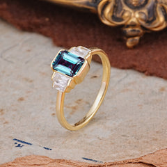 Emerald Cut Baguette Side Stones Alexandrite Engagement Ring