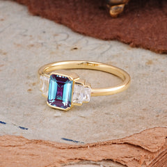 Emerald Cut Baguette Side Stones Alexandrite Engagement Ring