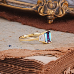 Emerald Cut Baguette Side Stones Alexandrite Engagement Ring