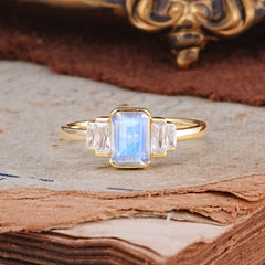 Emerald Cut Baguette Side Stones Moonstone Engagement Ring