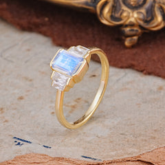 Emerald Cut Baguette Side Stones Moonstone Engagement Ring