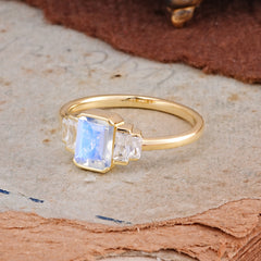 Emerald Cut Baguette Side Stones Moonstone Engagement Ring
