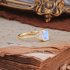 Emerald Cut Baguette Side Stones Moonstone Engagement Ring
