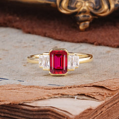 Emerald Cut Baguette Side Stones Ruby Engagement Ring
